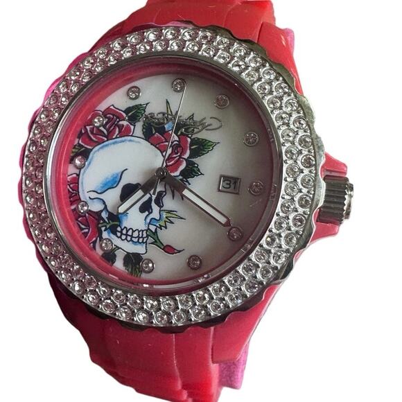 NIB Ed Hardy Love Kills Slowly Watch Swarovski Crystals & Red Pink Band Y2K - Picture 2 of 14